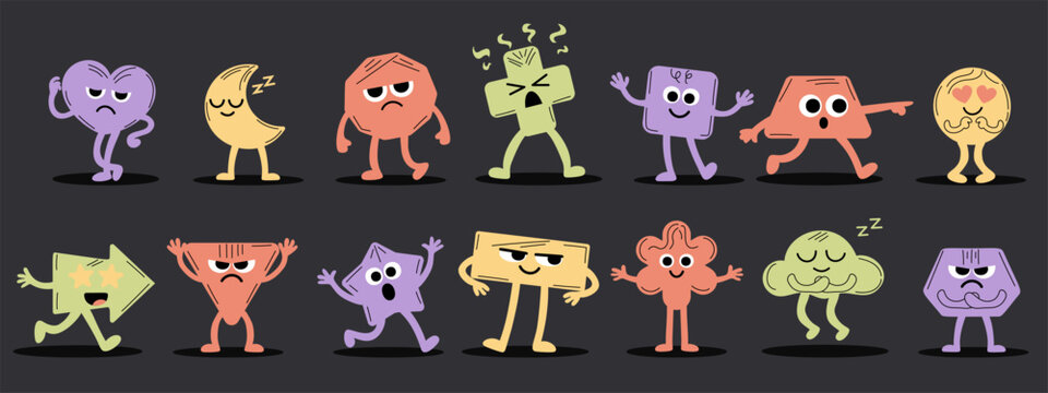 Cartoon geometric figure characters in bright color palette with funny abstract face icons. Each geometric figure face has unique gesture and emotion.