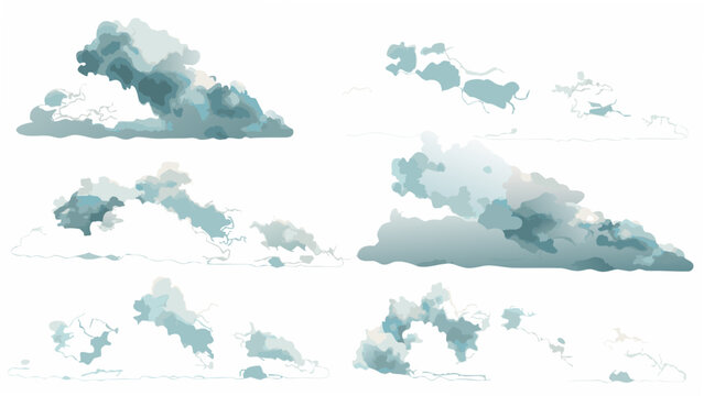 A collection of eight stylized cloud formations depicted as a vector illustration with a white background atmospheric condition cloudscape cumulus cirrus stratocumulus