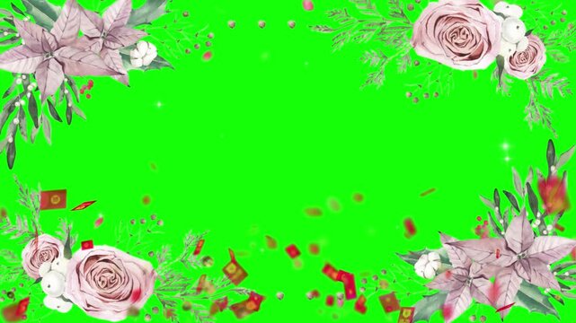 Elegant watercolor flower frame with pink roses and falling petals on chroma key green screen background