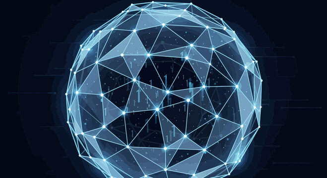 Glowing blue geometric sphere with triangular facets shines brightly against a dark background