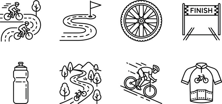 Bicycle racing and cycling tournament line icon set featuring road tracks finish lines riders wheels and jerseys vectors