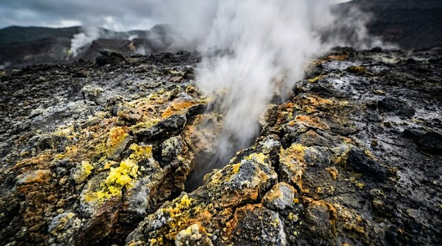 Volcanic Steam Vent Close Up at Mount Yasur with Sulfur Stained Geothermal Ground