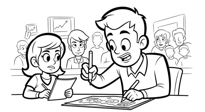 Young man explaining stock chart to colleague in office.