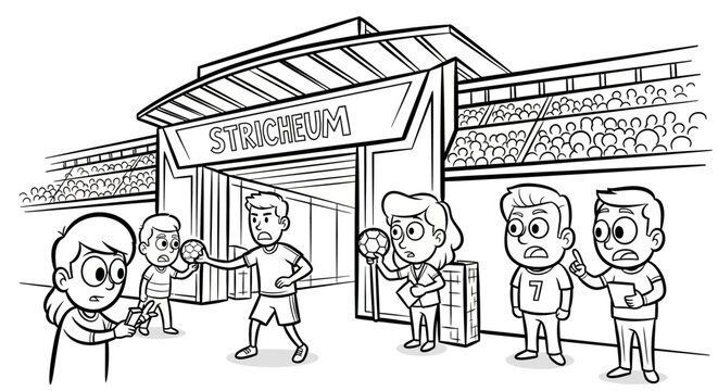 Cartoon crowd entering stadium entrance cheerfully and eagerly.