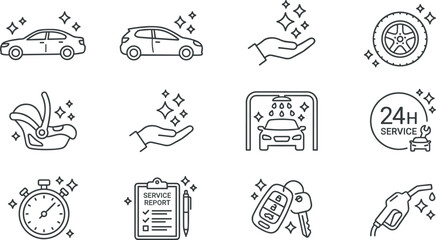 Car wash and professional auto detailing line icon set featuring clean vehicles tire wash station service report keys stopwatch and fuel nozzle © Mominul