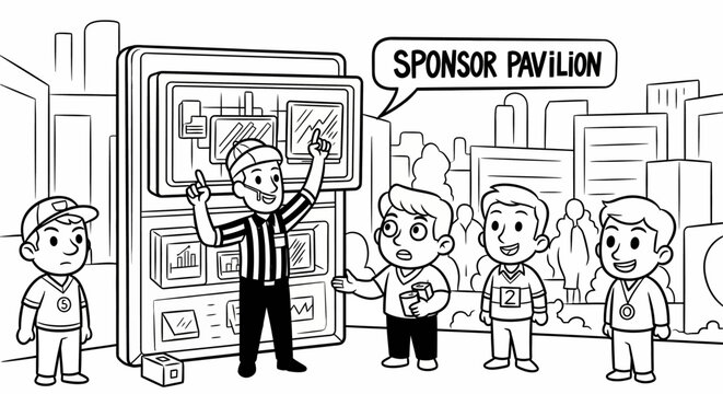 Cartoon man explaining vending machine sponsor pavilion to kids.