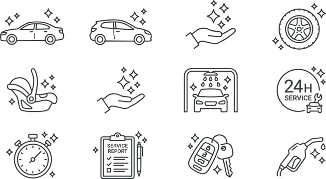 Car wash and professional auto detailing line icon set featuring clean vehicles tire wash station service report keys stopwatch and fuel nozzle