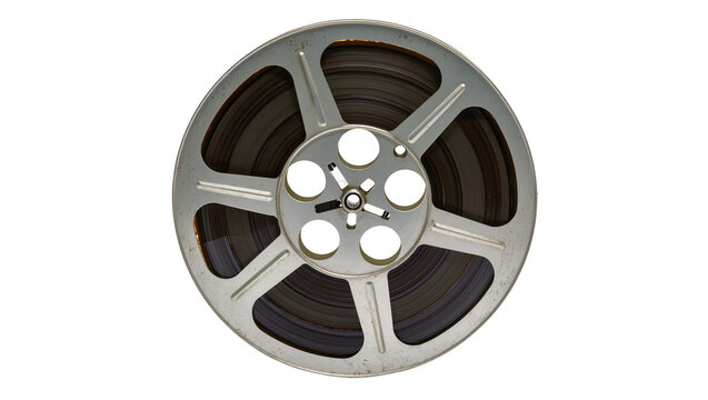Vintage metal film reel with dark film strip