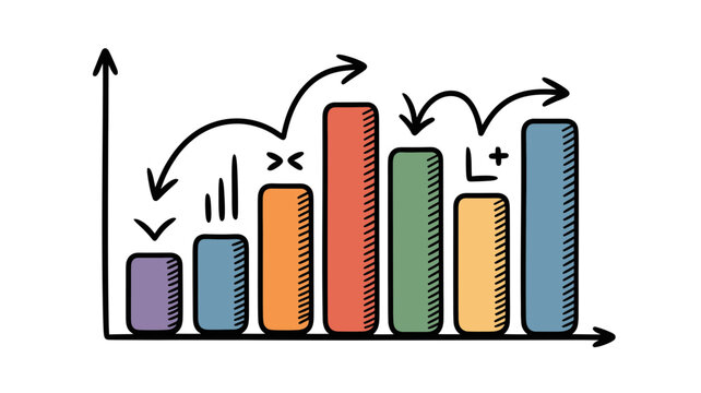 A colorful handdrawn bar graph with arrows and symbols on a showing data trends and statistics
