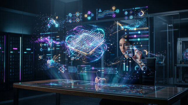 Generative AI illustration of a female computer engineer optimizing a futuristic quantum processor microchip with glowing 3D hologram interfaces in a data server room
