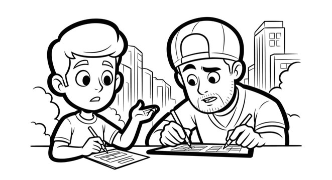 Two young boys studying and discussing homework together indoors.