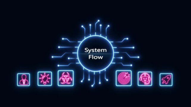 Digital system flow infographic with glowing neon for business strategy and technology network connectivity