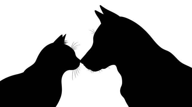Silhouette of a cat and dog touching noses on in black