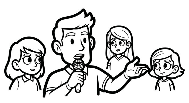 Cartoon family giving animated presentation together at home.