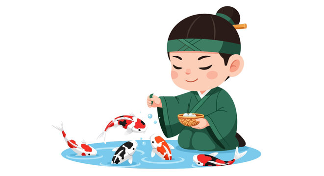 Kid feeding koi fish in water.