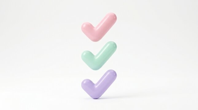 Three glossy 3d rendered checkmark icons featuring soft pastel pink mint and lavender colors arranged in a vertical column isolated as a minimalist design on white background