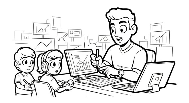 Family enjoying online learning and computer programming together.