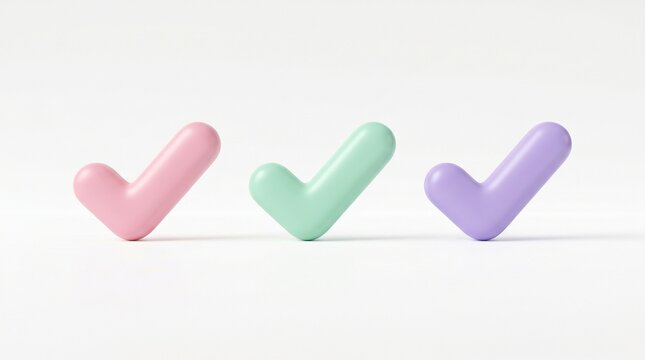 Three glossy 3d rendered checkmark icons in pastel shades of pink mint and purple featuring a smooth rounded aesthetic isolated for digital design on white background