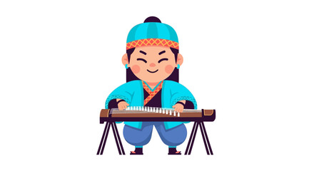 Fototapeta premium Smiling child playing musical instrument outdoors.
