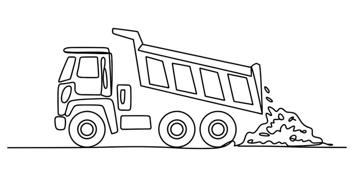 Continuous single line drawing of a heavy dump truck unloading dirt at a construction site for building work and heavy transport industry illustration Vector, illustration