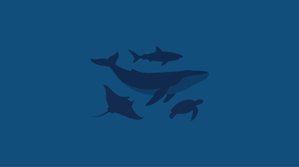 Obraz premium Diverse Marine Life Silhouettes Underwater Scene Blue Background