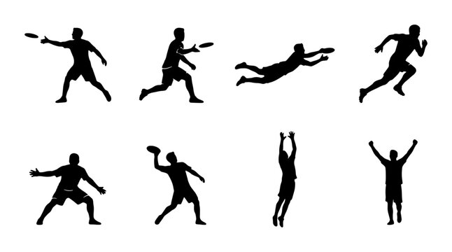 Ultimate Frisbee Player Silhouettes, Dynamic Action Poses, Sports Vector Icons, Athletic Movement Graphics, Outdoor Game Illustration, Team Sport Collection