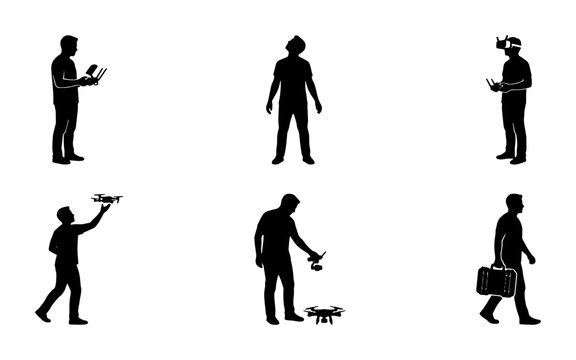 Drone Pilot Silhouettes, Aerial Photography Icons, Remote Control Technology, FPV Goggles, Quadcopter Operations, Vector Set