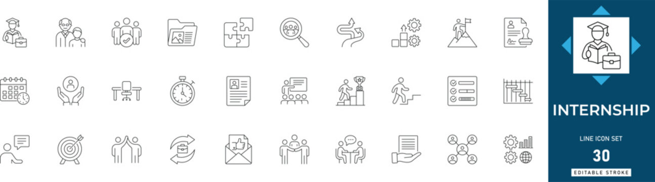 Internship line icon set featuring career, training, student, employment, mentorship, job, and education. Professional editable vector illustration for corporate app and UI UX design.
