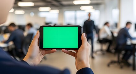 Obraz premium Person holding smartphone with green screen in office