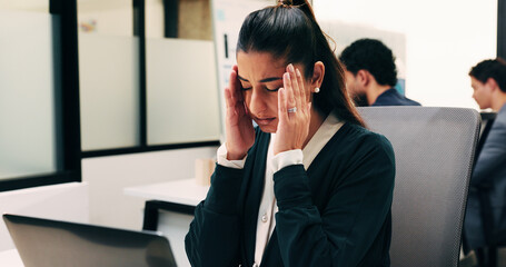 Fototapeta premium Headache, stress and woman in office with laptop, frustrated and tension massage with discomfort. Pain, coworking and employee with tech, workplace exhaustion or migraine pressure with dizziness.