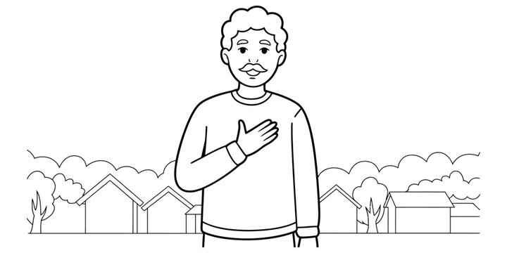 A friendly middle aged man standing in front of suburban houses with his hand on his chest showing gratitude and honesty in a simple black and white line art Vector, illustration