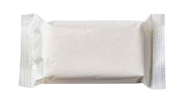 White rectangular bar soap in sealed plastic wrapper