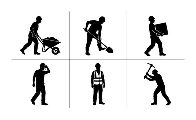 Fototapeta premium Construction Worker Silhouettes Set: Manual Labor, Heavy Lifting, Digging, and Safety Vest Icons for Industrial Projects