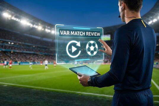 VAR Match Review: Futuristic Hologram Used by a Professional Referee at an International Football Championship