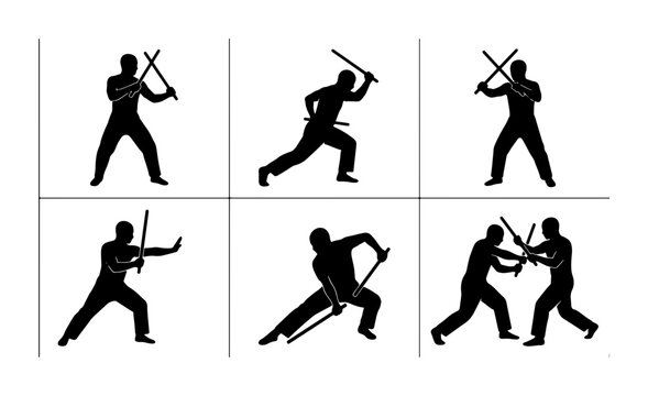 Martial Arts Silhouettes, 6 Dynamic Poses, Stick Fighting Combat, Karate Action, Self-Defense Training, Warrior Stance Vector Set