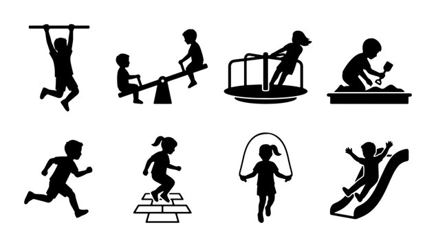 Children Playing Silhouette Icons, Set of 8 Vector Graphics for Playground Activities, Outdoor Fun, Childhood Recreation