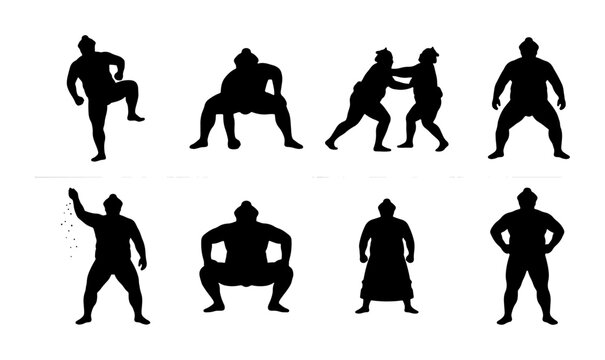 Sumo Wrestler Silhouettes, Japanese Martial Arts Poses, Athletic Combat Sport Figures, Dynamic Action Illustrations