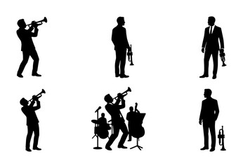 Jazz Musicians Silhouette Collection, Trumpet Player Icons, Band Ensemble Vector Graphics, Live Music Performance Art, Elegant Black and White Figures © Mashiur