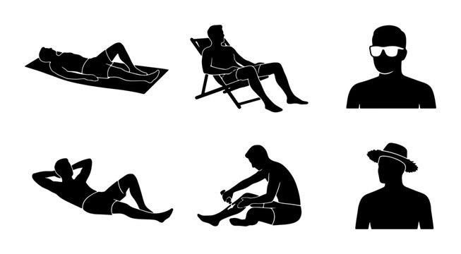Summer Relaxation Silhouettes: Diverse Poses of Men Sunbathing, Lounging in Chairs, and Wearing Sunglasses and Hats, 6 Vector Icons for Leisure and Vacation Themes