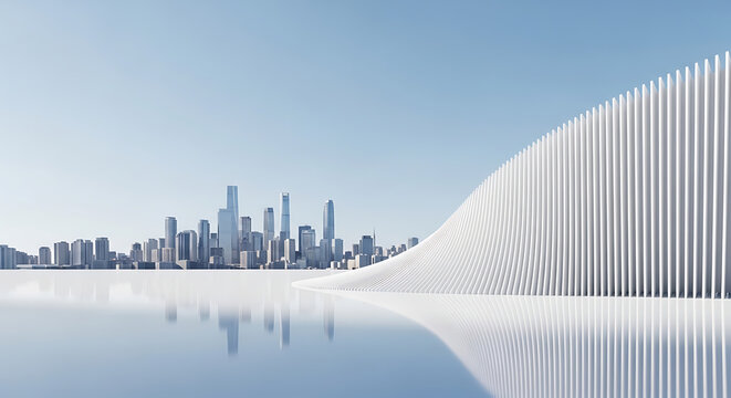 Modern cityscape with futuristic abstract white architectural structure by water architecture futuristic abstract building landscape reflection structure minimalist construction development