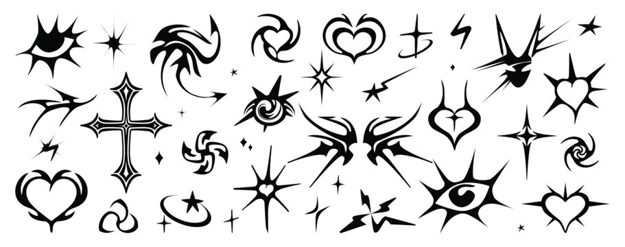 Set of mystic Y2K cyber tribal elements and neo gothic shapes. Black collection of alternative abstract symbols, sharp hearts, spiked stars, gothic cross, and edgy eyes for streetwear prints.