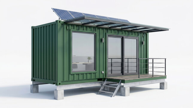 Green shipping container house with solar panels on roof, deck, and stairs, generated using ai