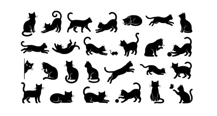 Fototapeta premium Set of Cute Black Cat Silhouette Vector Icons in Different Playful Poses Isolated on White Background