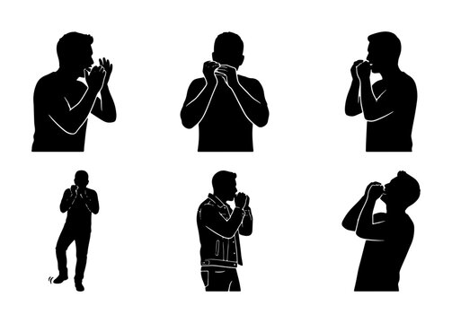 Harmonica Player Silhouettes, Musician Playing Blues Harp, Set of Six Diverse Poses, Vector Icons for Music Performance and Entertainment Concepts