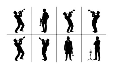 Jazz Musician Silhouettes, Trumpet Player Poses, Retro Band Figures, Vintage Performance Icons, 8 Vector Graphics Set © Ruksana