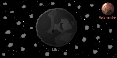 Makemake's Moon Illustration with Kuiper Belt Background (Mk2) – Natural Satellites of Solar System Dwarf Planet © Zhafran Visuals