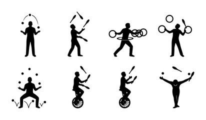 Juggling Silhouettes Collection: Diverse Performers with Balls, Rings, and Clubs on Unicycles, Dynamic Action Poses, Vector Graphics for Entertainment and Circus Themes © Ruksana