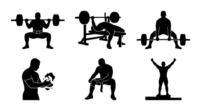 Weightlifting Silhouettes, Strength Training Icons, Fitness Workout Poses, Gym Exercise Graphics, Athletic Bodybuilding Figures, Powerlifting Set