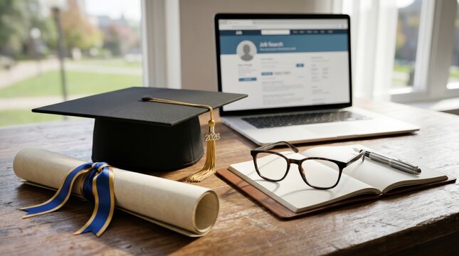 Graduation Cap And Diploma Scroll On Wooden Desk, Job Search Website On Laptop Screen, Career Planning Concept, Student Success And Education Achievement