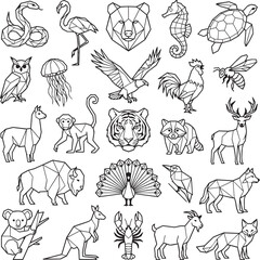 Fototapeta premium Geometric Silhouette Collection of Diverse Wild Animals and Birds